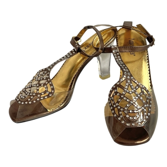NIB AMANDA Martini Metallic Gold Women’s Shoes Clear Heels Rhinestone Sandals 36 - Picture 5 of 8